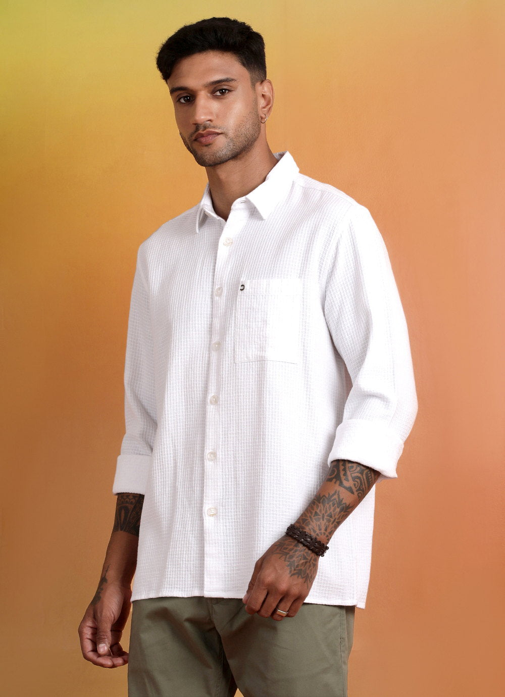 White Solid Waffle Slim Fit Shirt