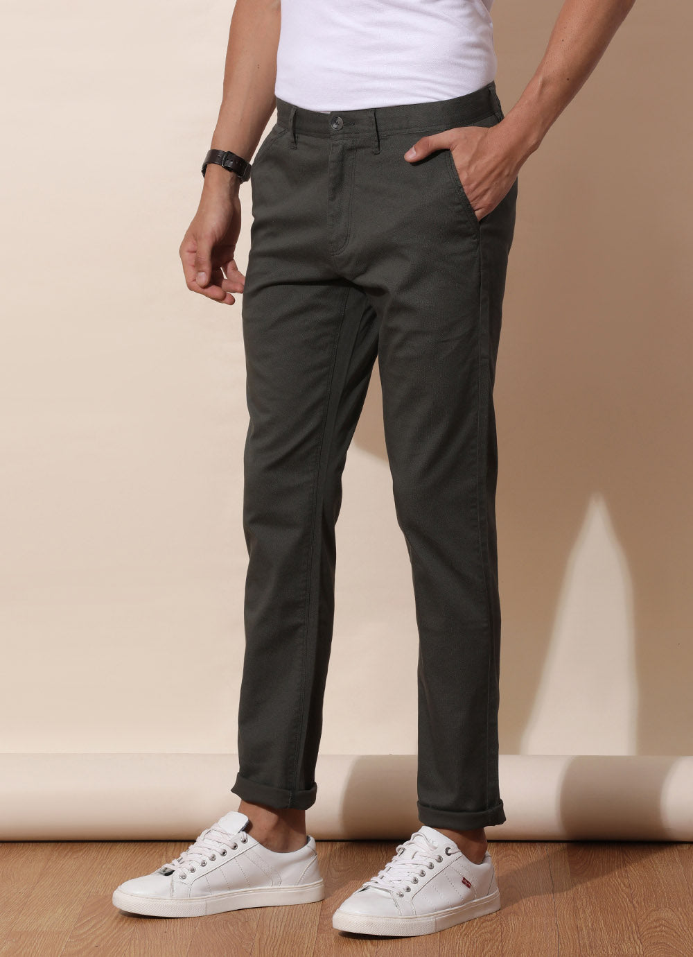 Olive Printed Slim Fit Cotton Trouser