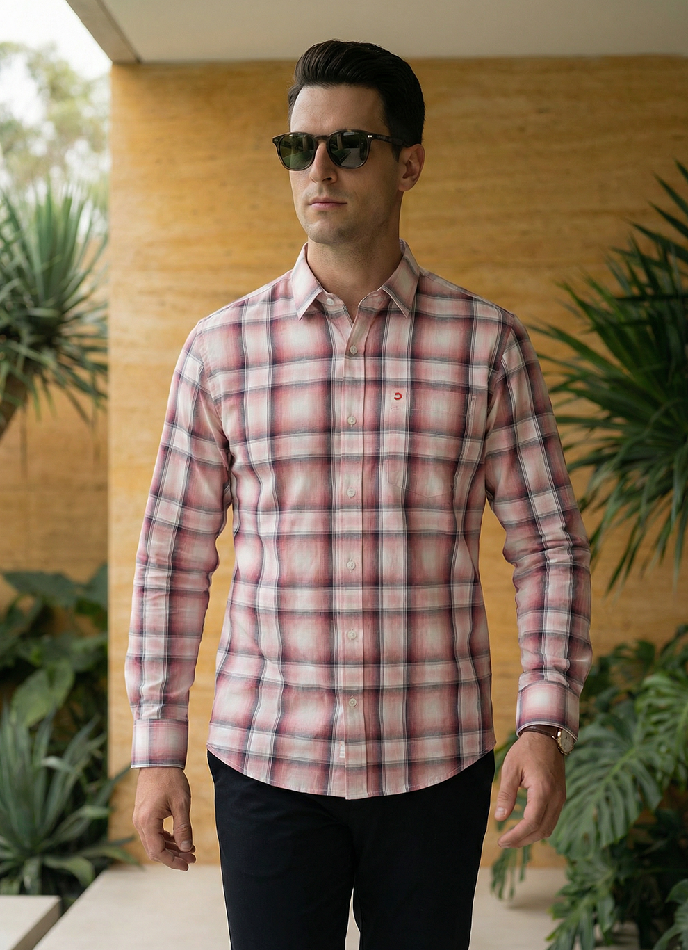 Pink Cotton Checks Slim Fit Full Sleeve Shirt