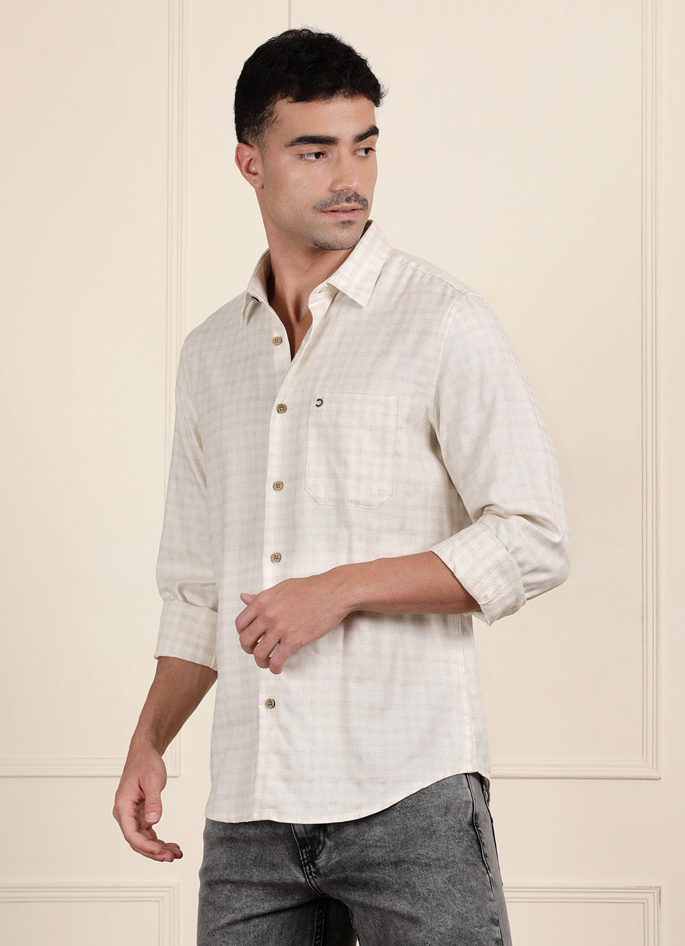 Beige Check Cotton Slim Fit Shirt