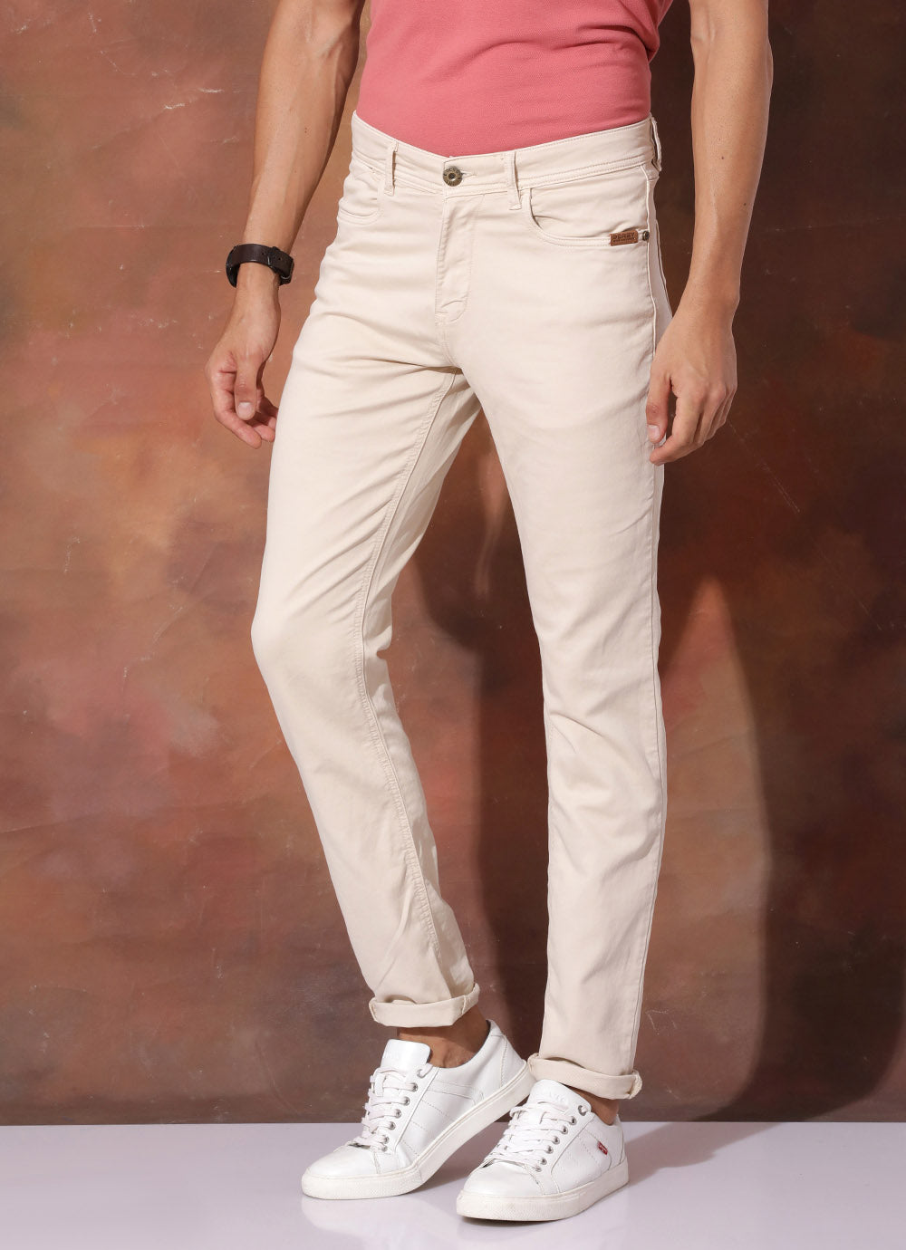 Subtle Beige (Slim Fit Knitted Jeans -  Infusing A Modern Twist With U-Shaped Pockets)