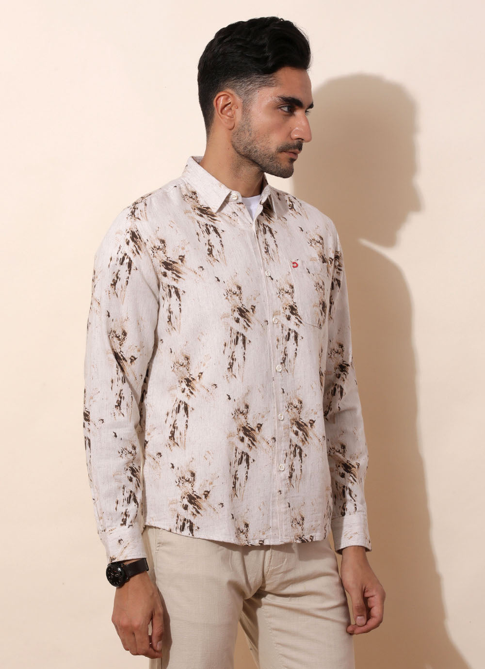 Brown Cotton Linen Print  Slim Fit Shirt with Single Patch Pocket