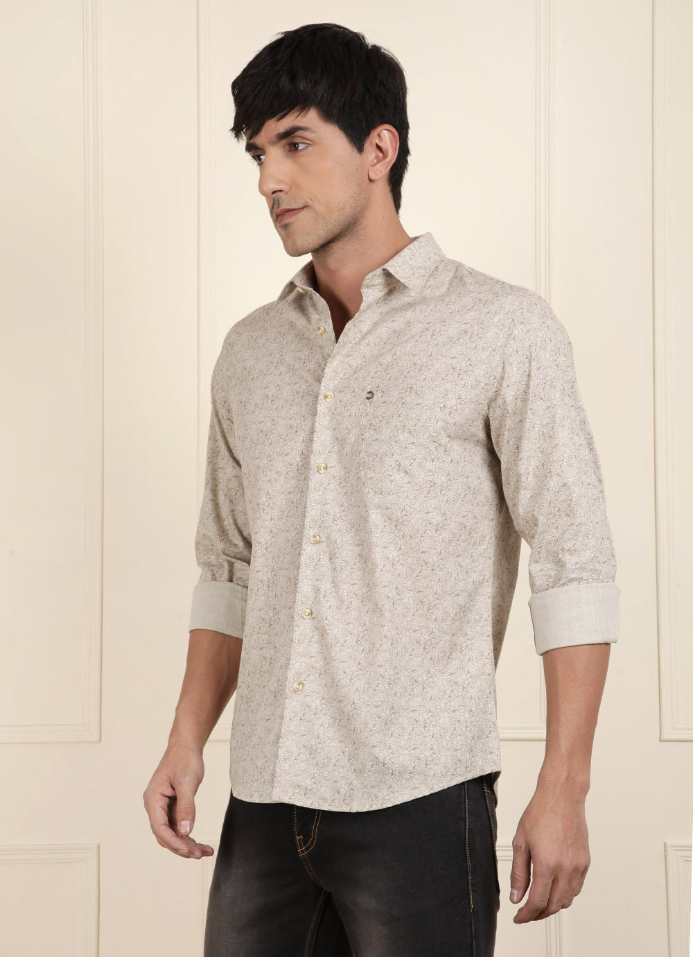 Brown Print Cotton Slim Fit Shirt