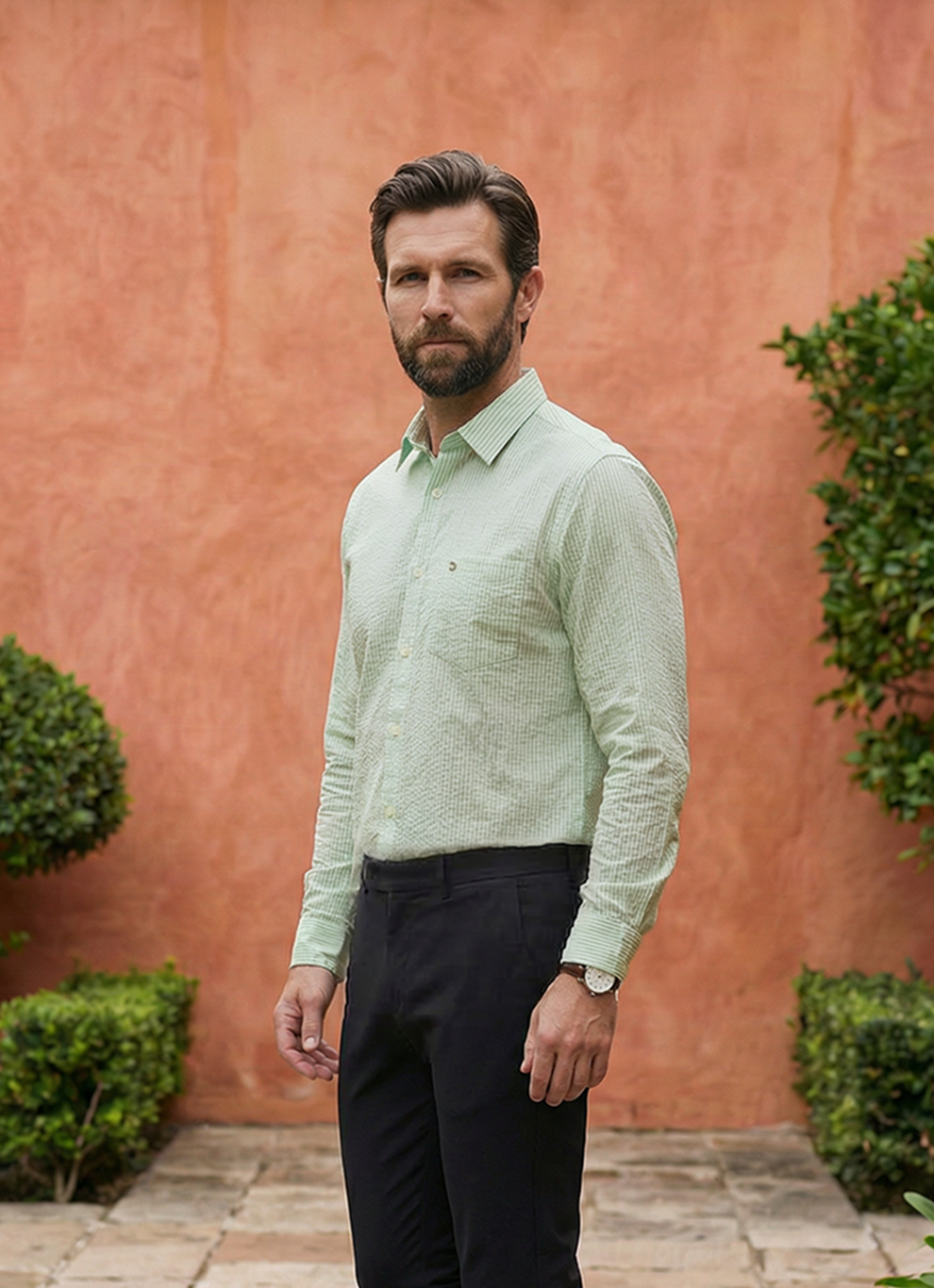 Green Cotton Seersucker Stripes Slim Fit Full Sleeve Shirt