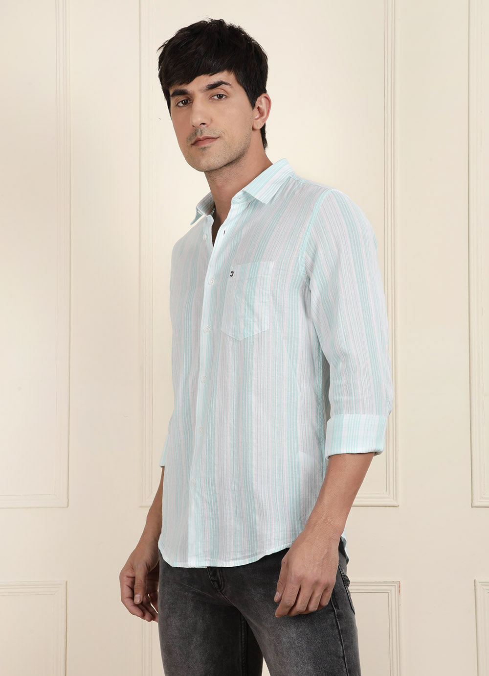 Green Stripe Cotton Slim Fit Shirt