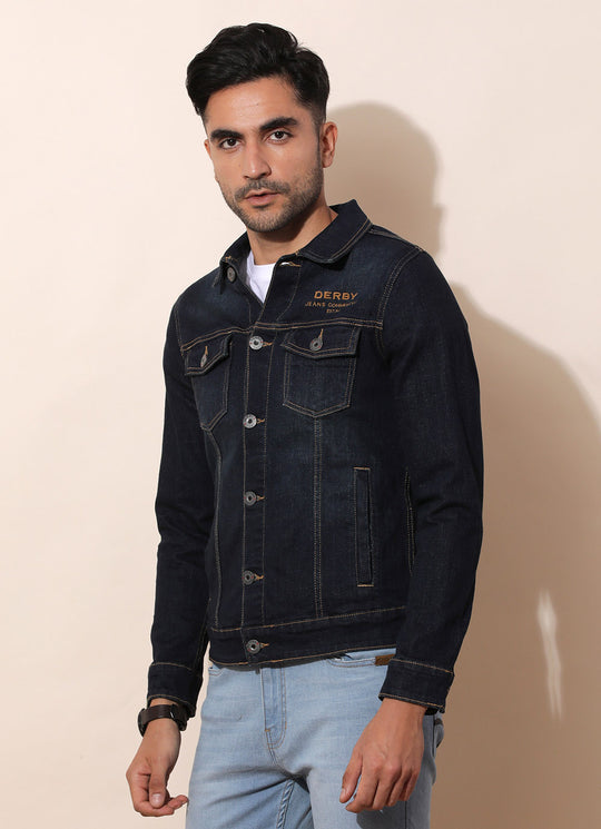 Edgy Navy Queen Denim Jacket Adorned With Dual Pockets .