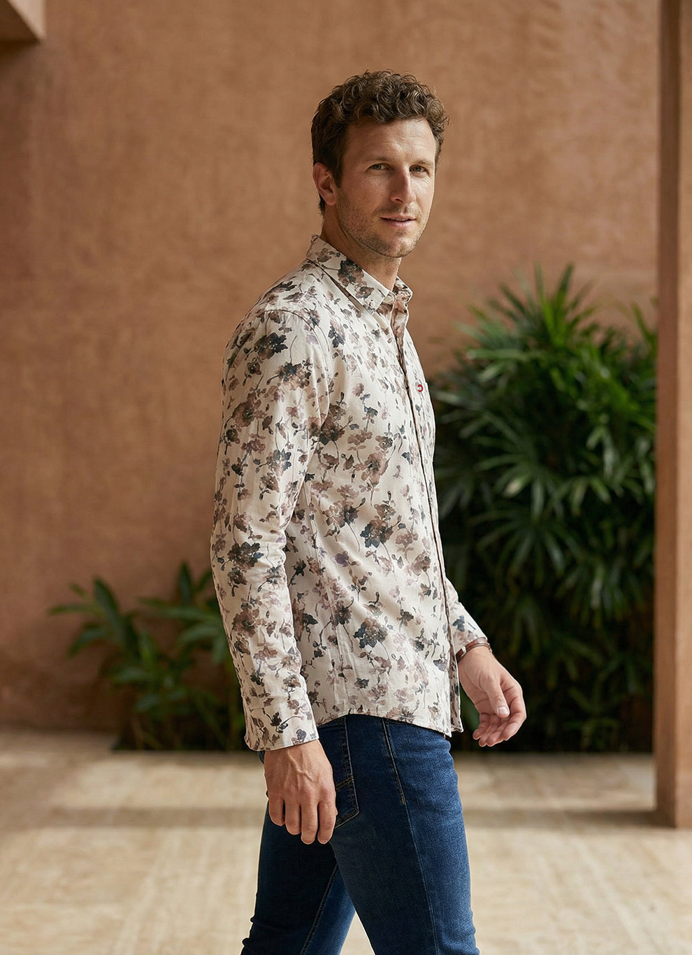 Brown Polyester Print Slim Fit Full Sleeve Shirt