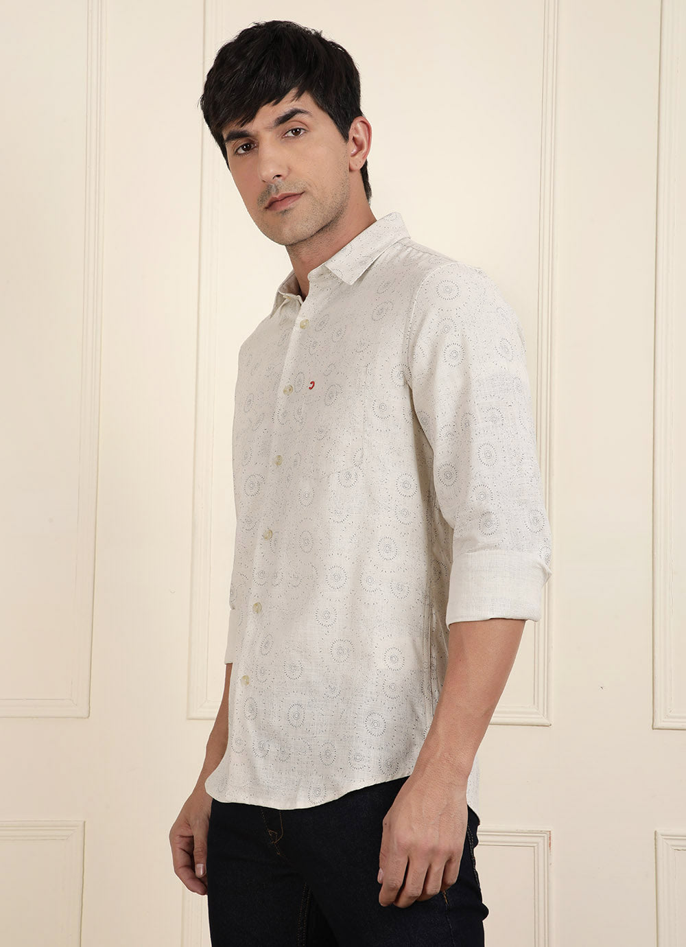 Beige Print Cotton Slim Fit Shirt