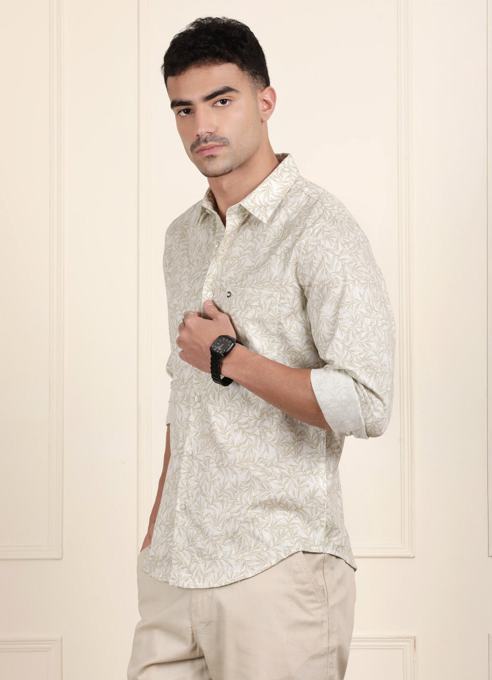 Green Print Cotton Slim Fit Shirt