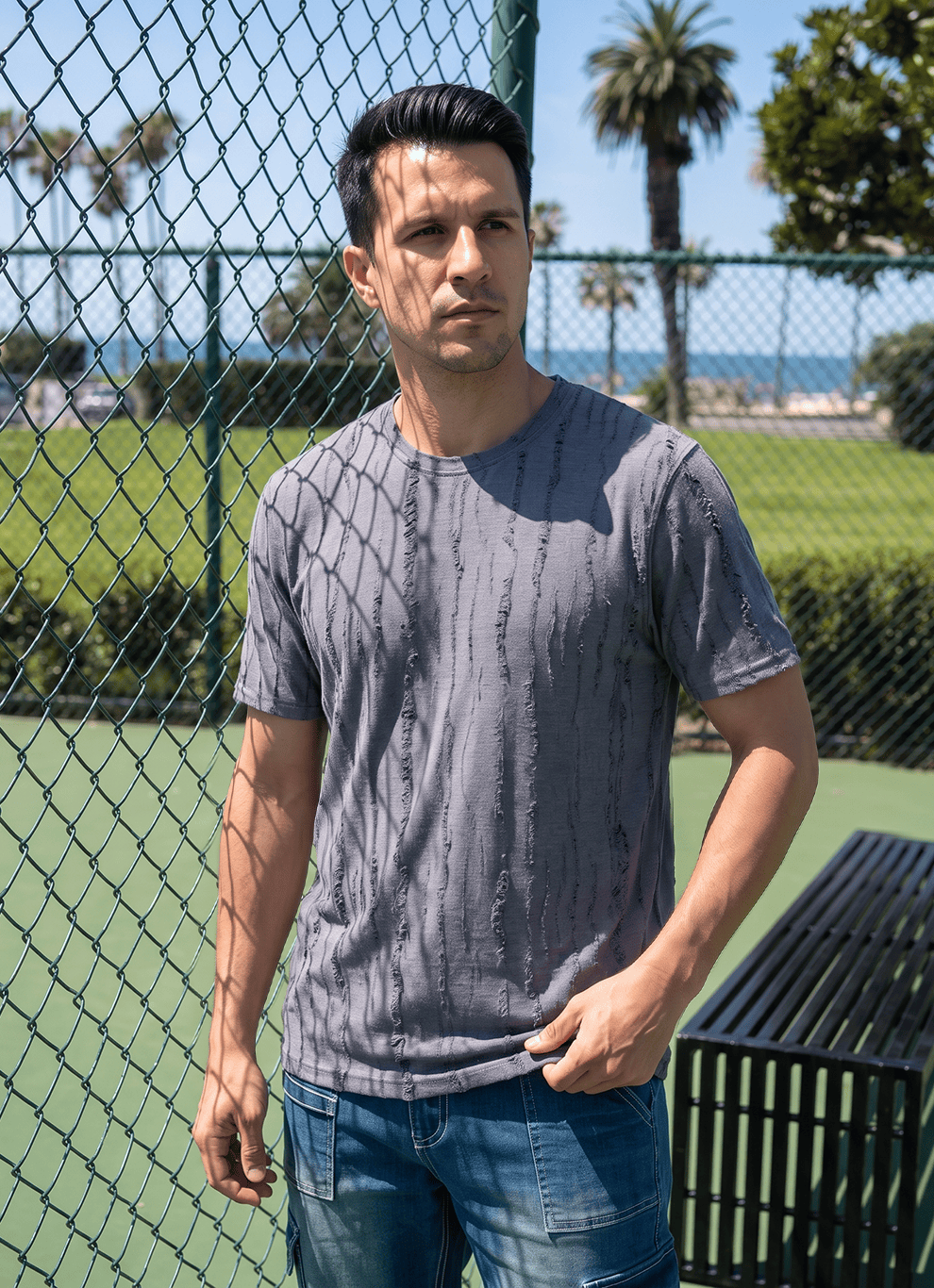 Navy Textured Cotton Oversized Fit Tshirt
