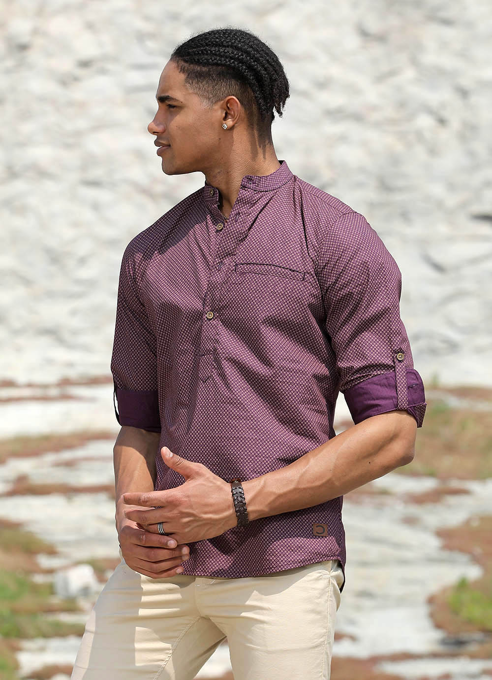 Maroon Print Cotton Slim Fit Shirt