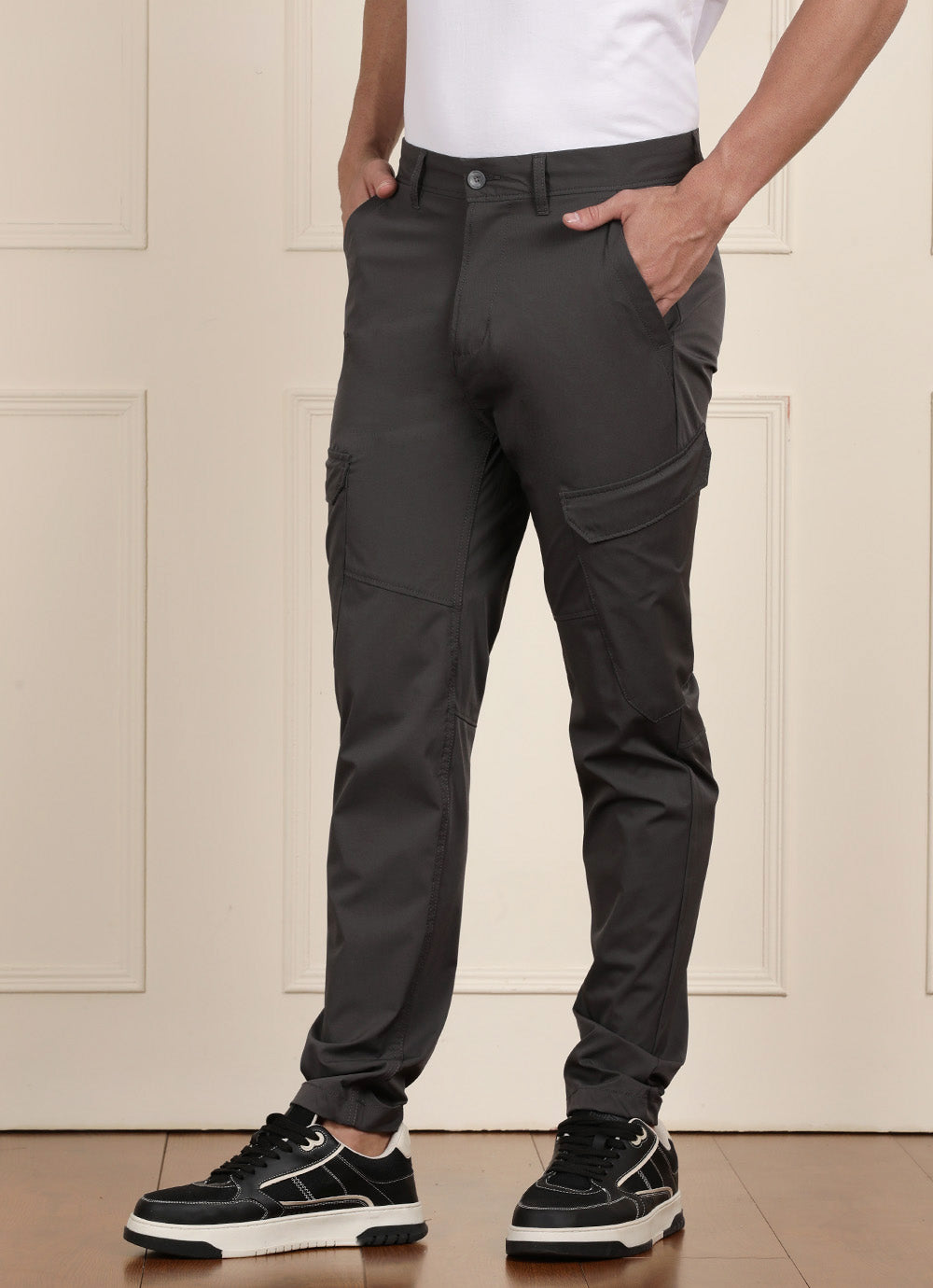 Grey Solid Slim Fit Cargo