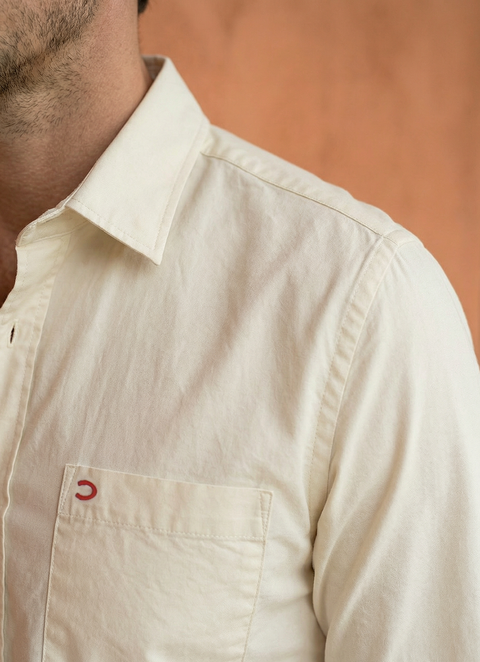 Cream Cotton Satin Print Slim Fit Full Sleeve Shirt