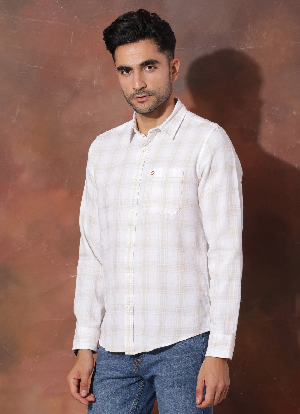 Cream Cotton Linen Checked Slim Fit Shirt with Single Patch Pocket