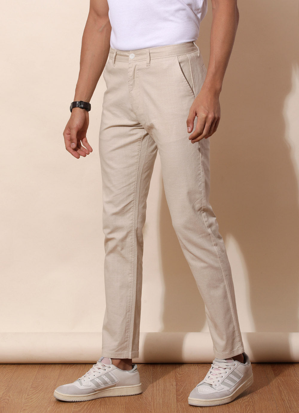Cream Solid Slim Fit Slub Cotton Trouser