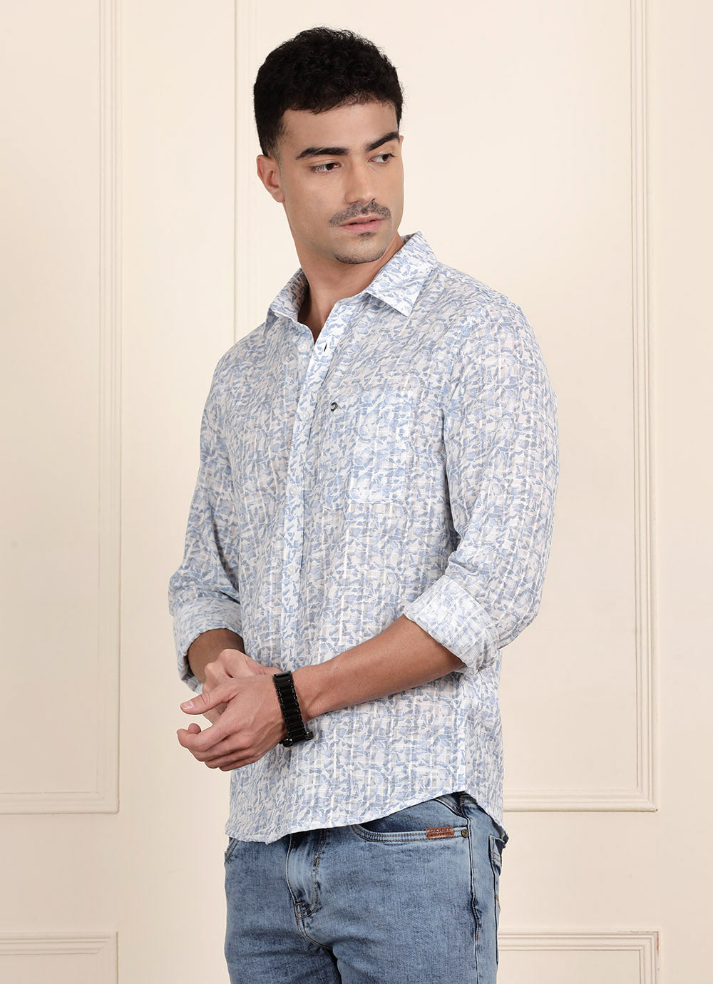 Blue Print Cotton Slim Fit Shirt