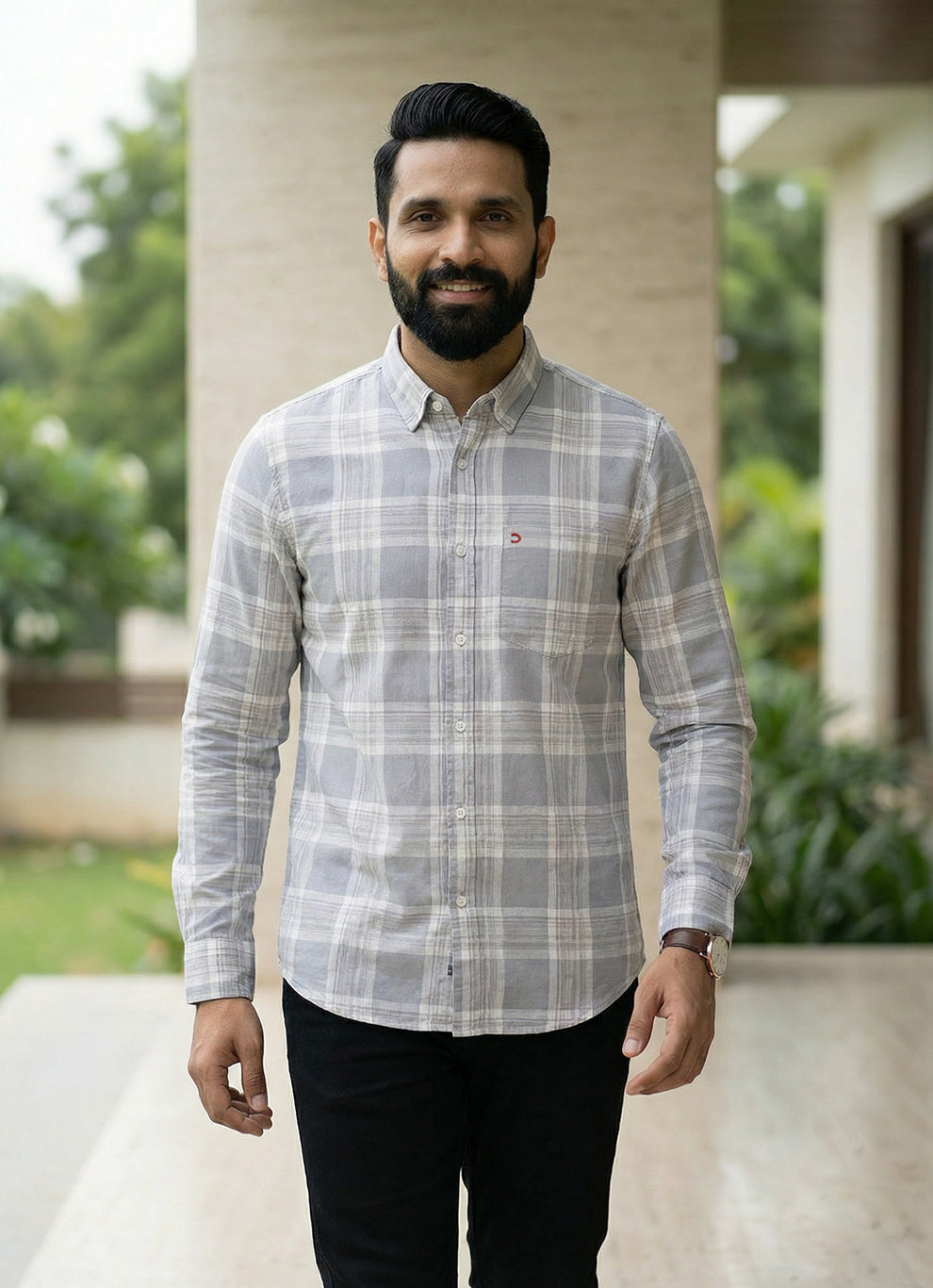 Grey Cotton Checks Slim Fit Full Sleeve Shirt