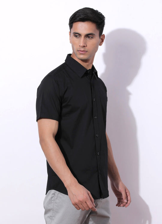 Kes Black - A Slim Fit Cotton Shirt With Single Patch Pocket.
