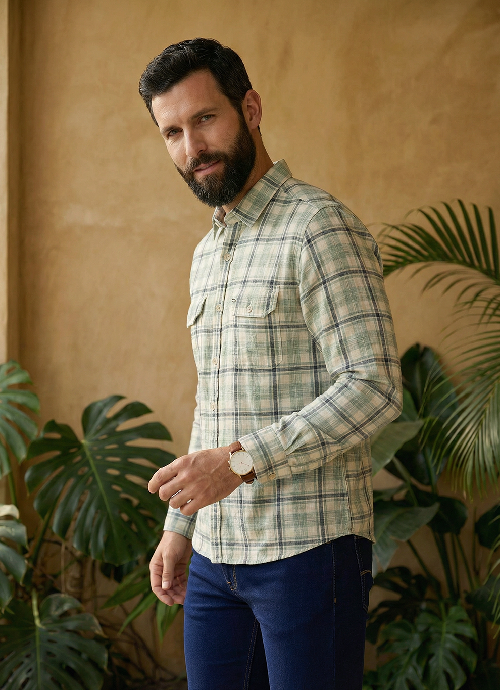 Olive Cotton Dobby Regular Fit Full Sleeve Shirt