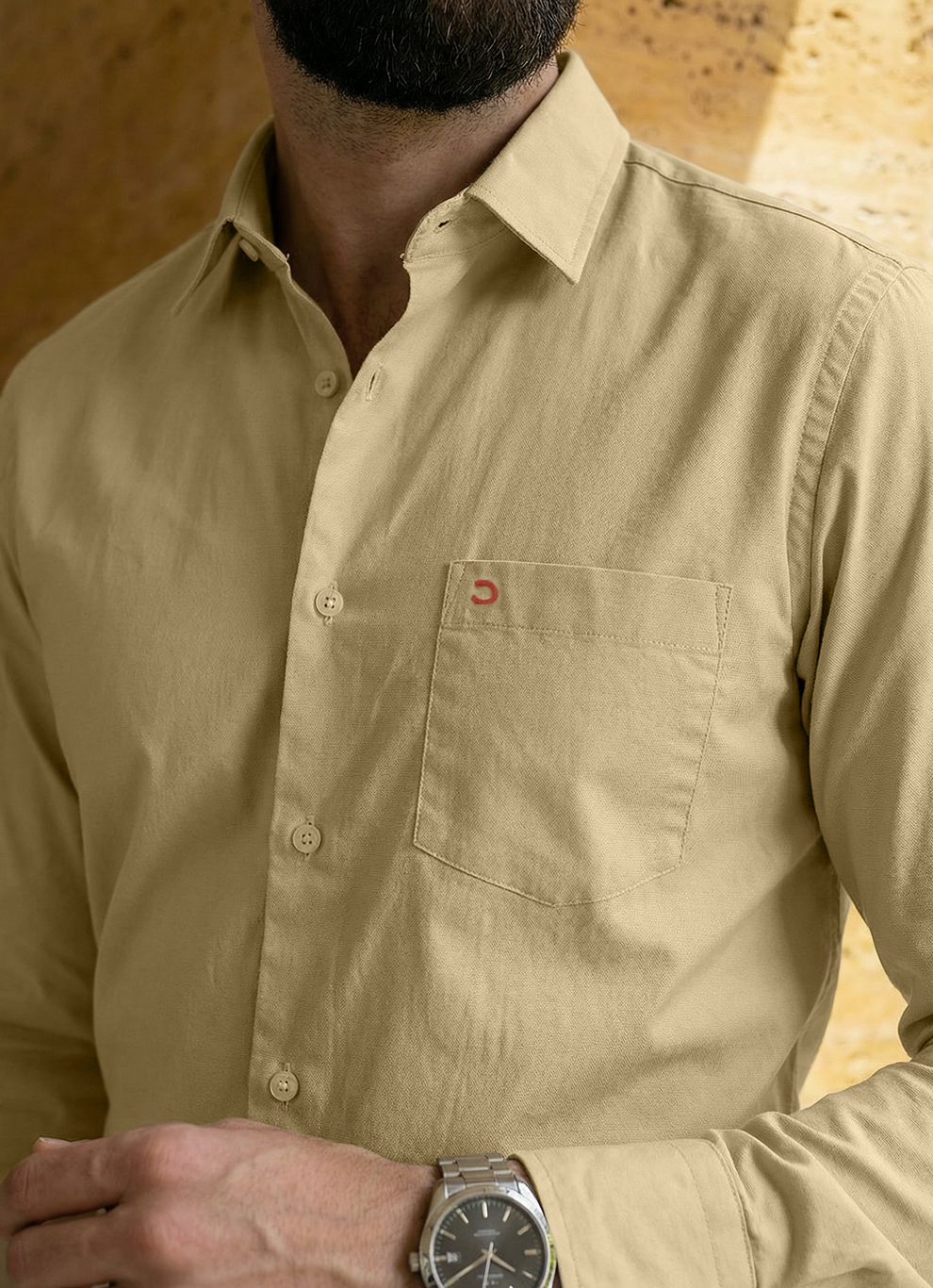 Khaki Cotton Satin Print Slim Fit Full Sleeve Shirt