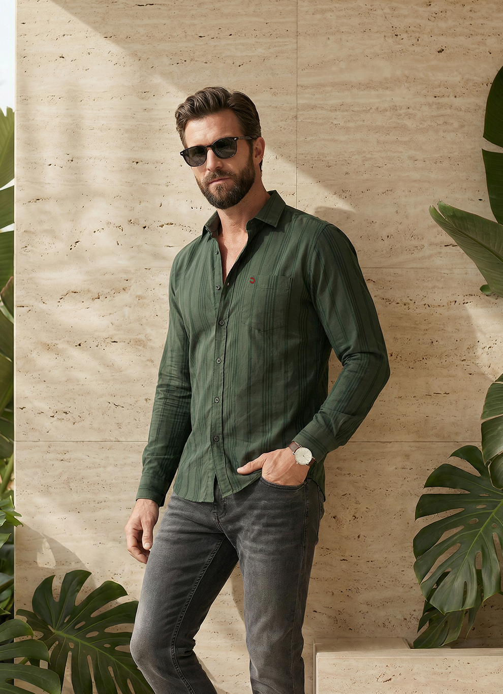 Green Cotton Slim Fit Full Sleeve Shirt
