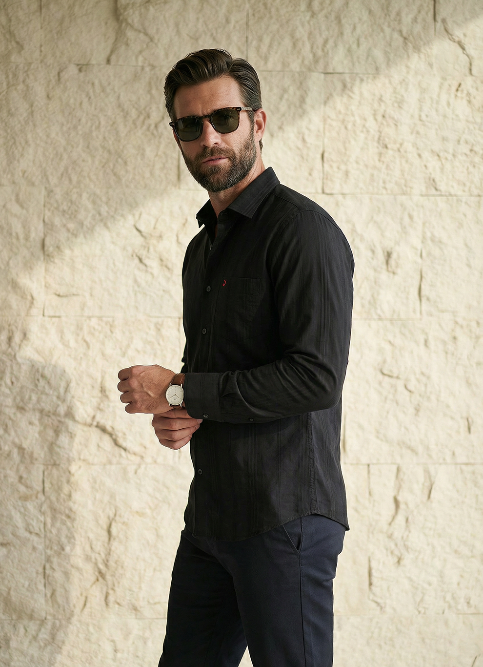 Black Cotton Slim Fit Full Sleeve Shirt