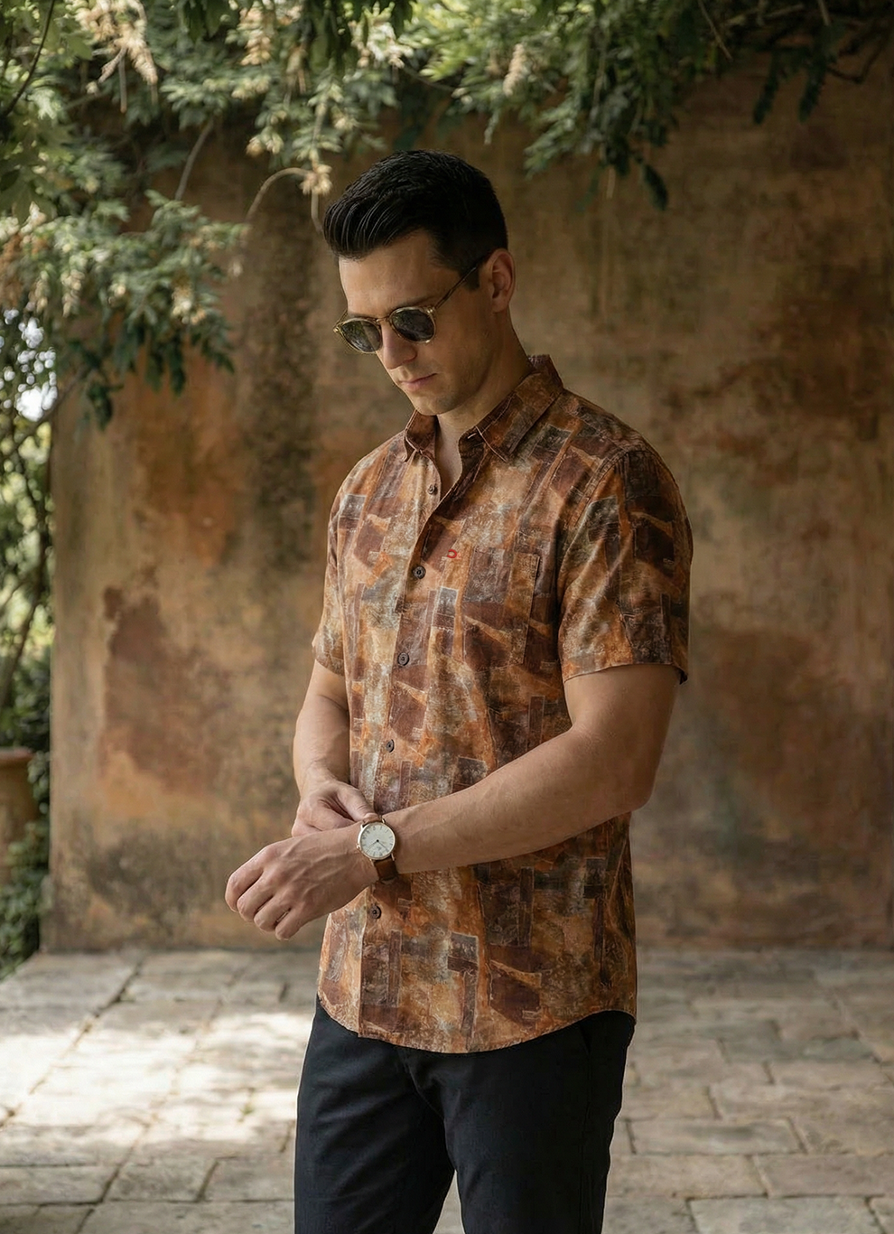 Coral Cotton Stripes Slim Fit Half Sleeve Shirt