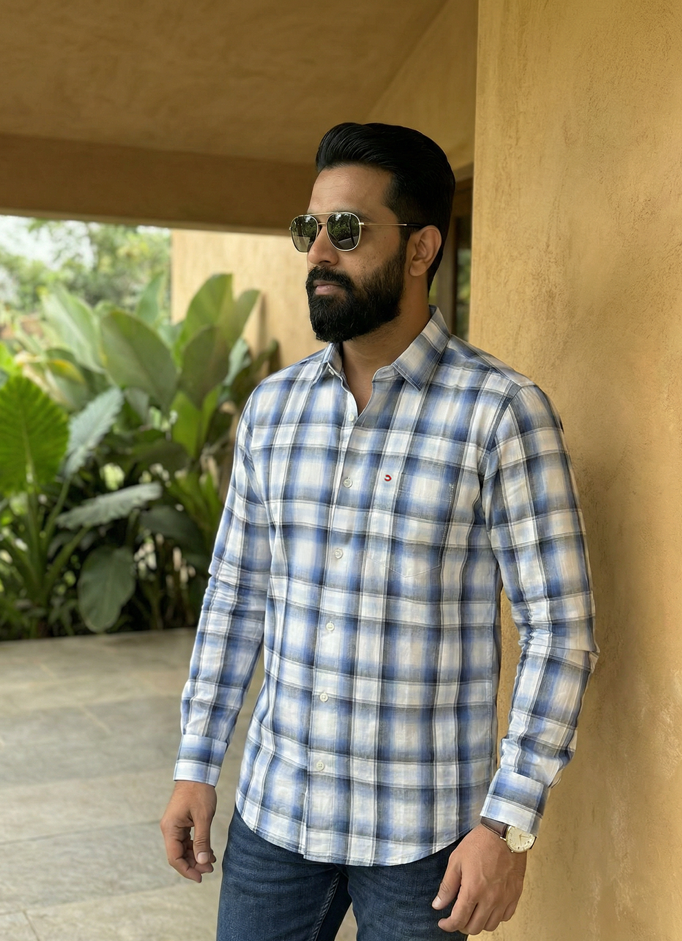 Blue Cotton Checks Slim Fit Full Sleeve Shirt