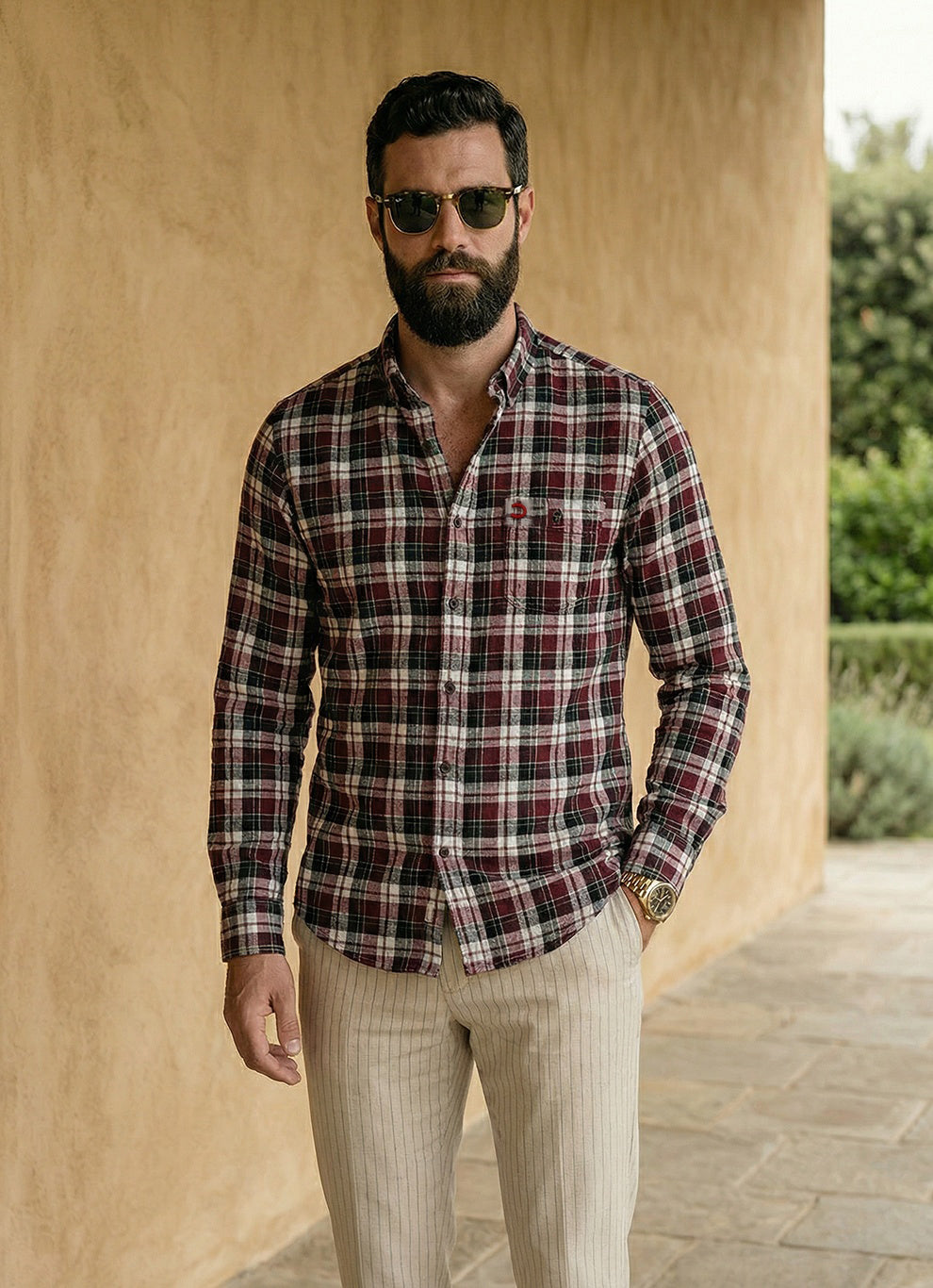Maroon Cotton Dobby Checks Slim Fit Full Sleeve Shirt