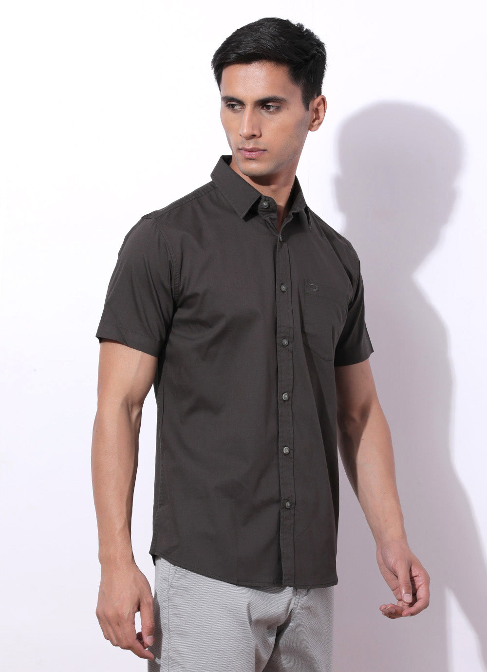 Grey Solid Cotton Blend Slim Fit Shirt