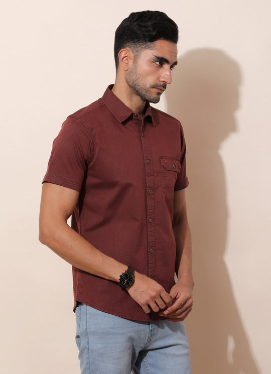 Wick Red Solid Colour Denim Slim Fit Shirt