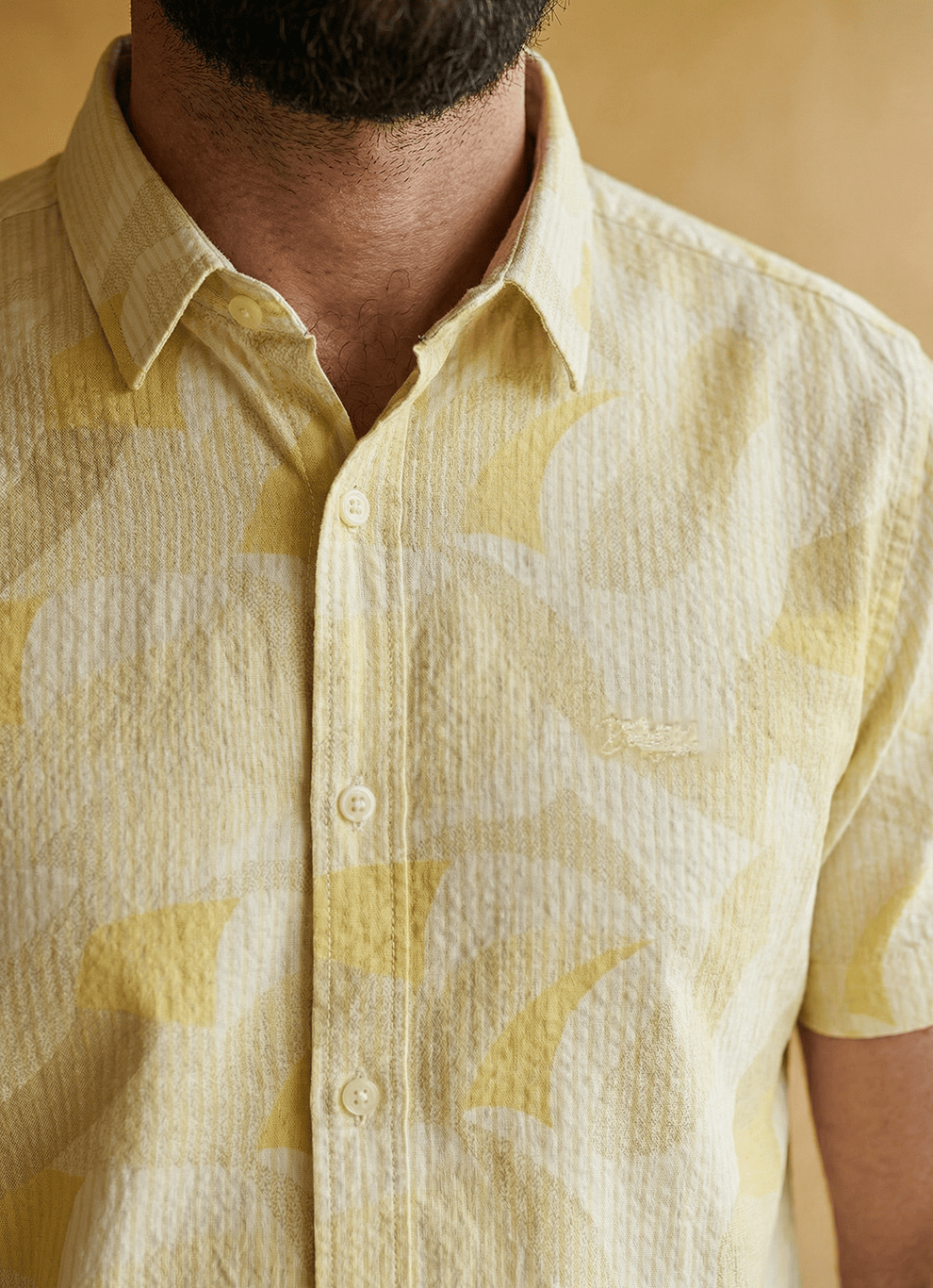 Yellow Seersucker Print Cotton Slim Fit Half Sleeve Shirt