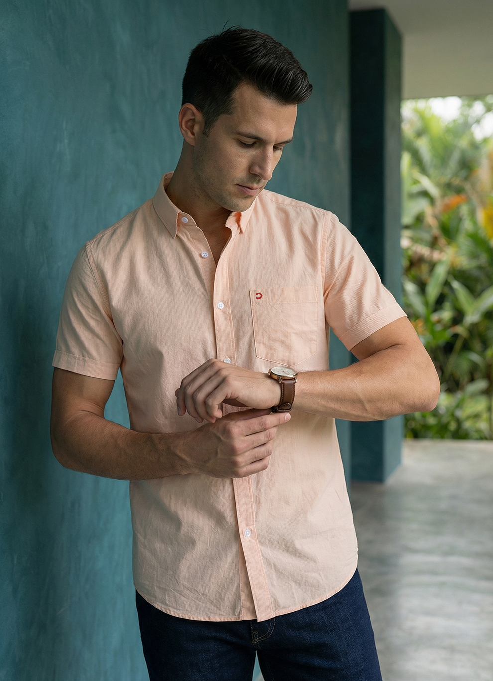 Coral Cotton Slim Fit Half Sleeve Shirt