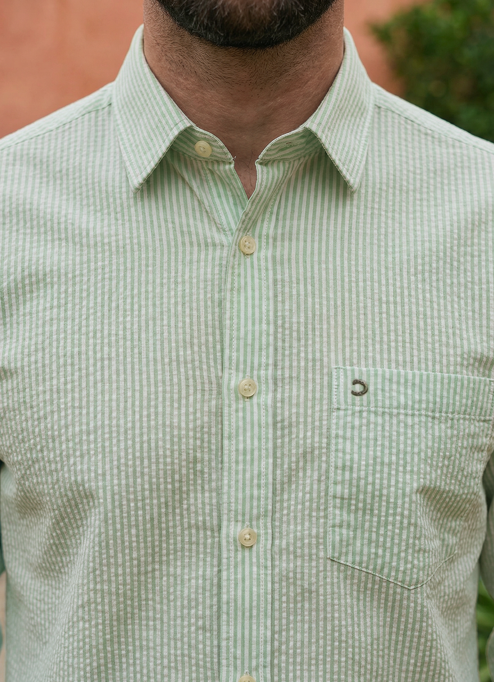 Green Cotton Seersucker Stripes Slim Fit Full Sleeve Shirt
