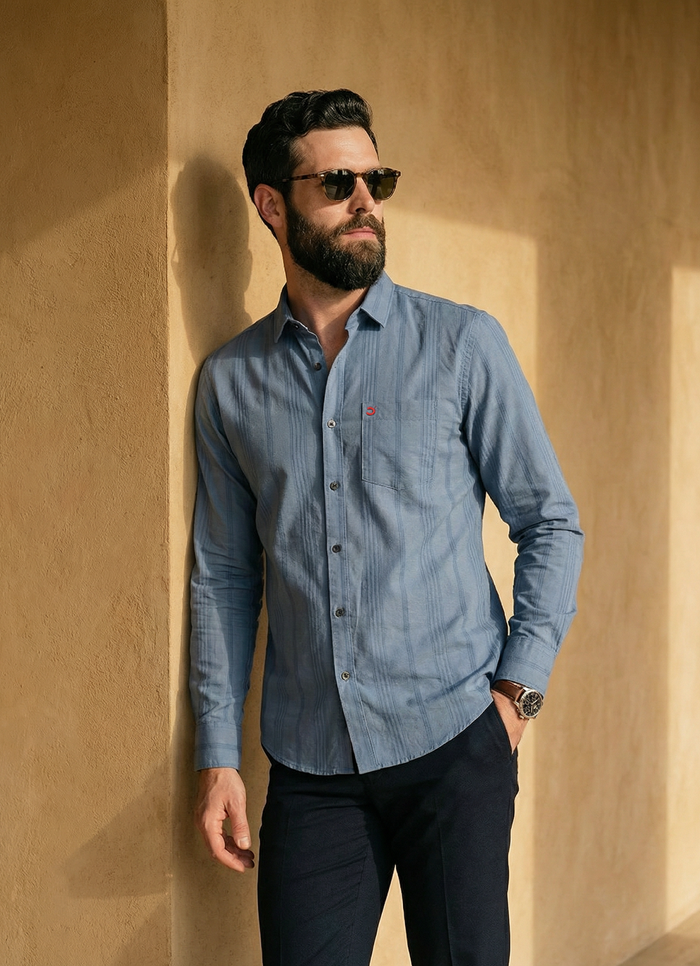 Blue Cotton Slim Fit Full Sleeve Shirt