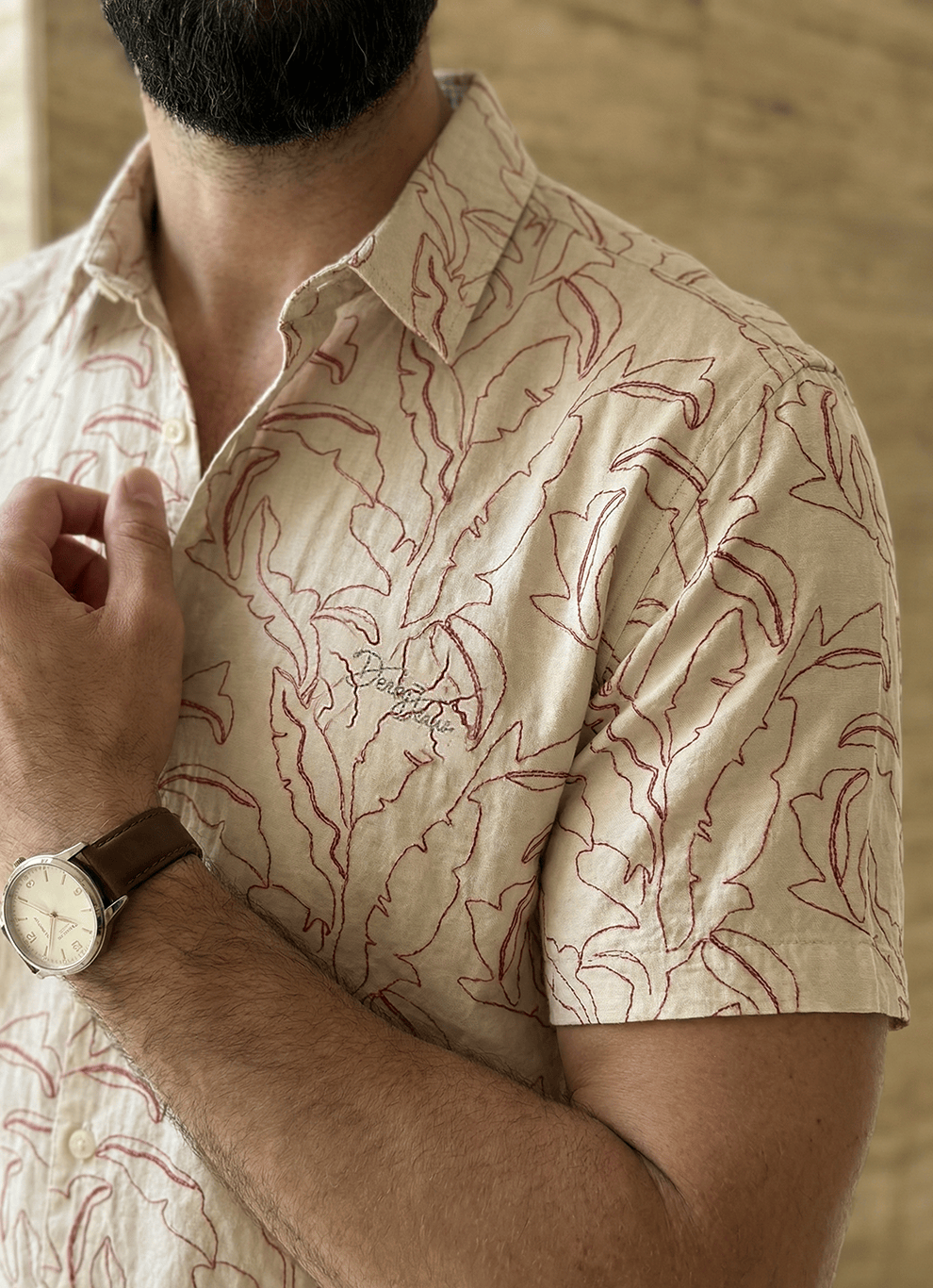 Red Printed Cotton Slim Fit Short Sleeve Shirt