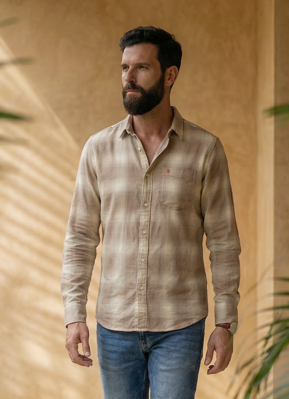 Brown Cotton Checks Slim Fit Full Sleeve Shirt