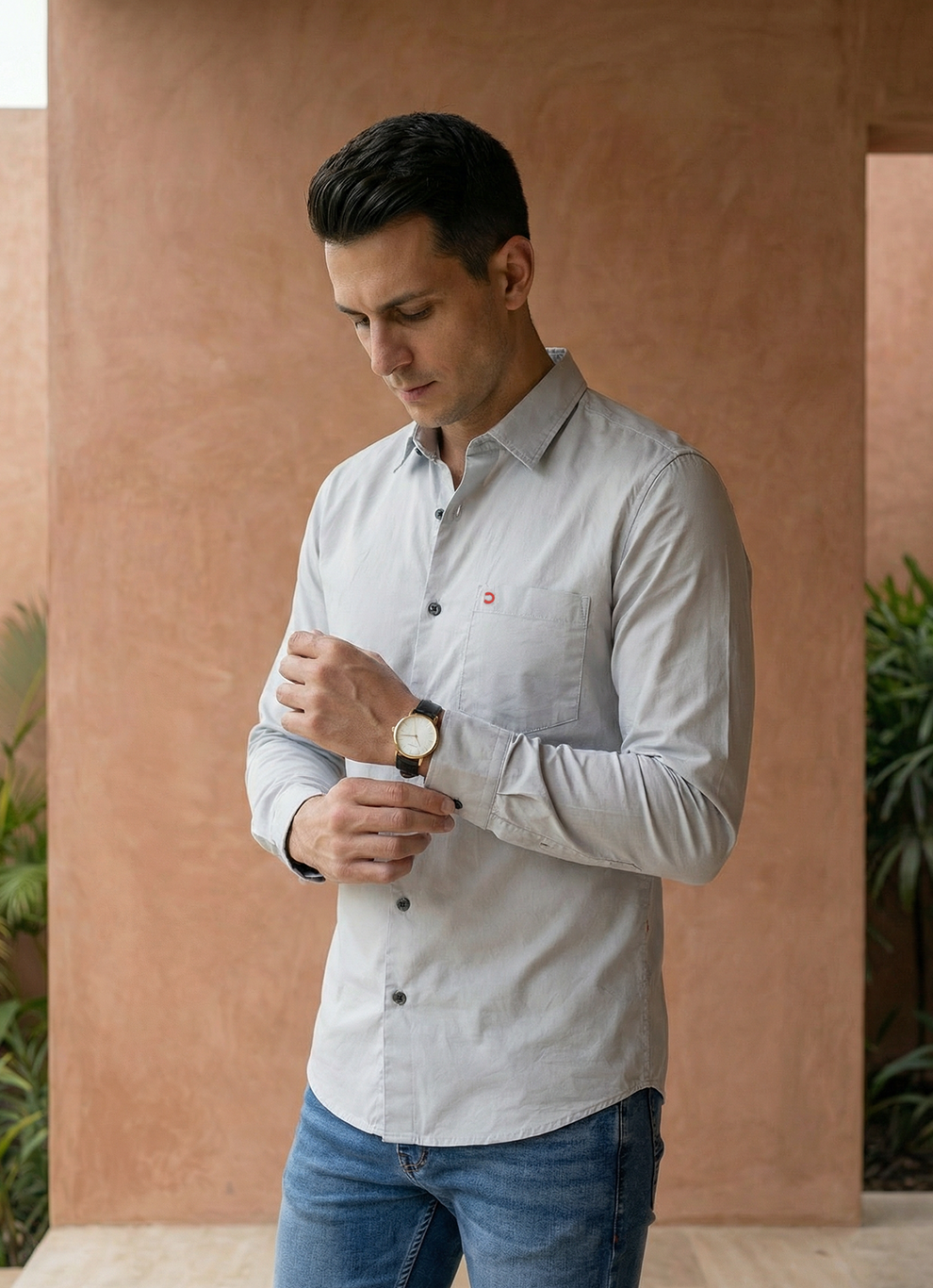 Grey Cotton Satin Print Slim Fit Full Sleeve Shirt