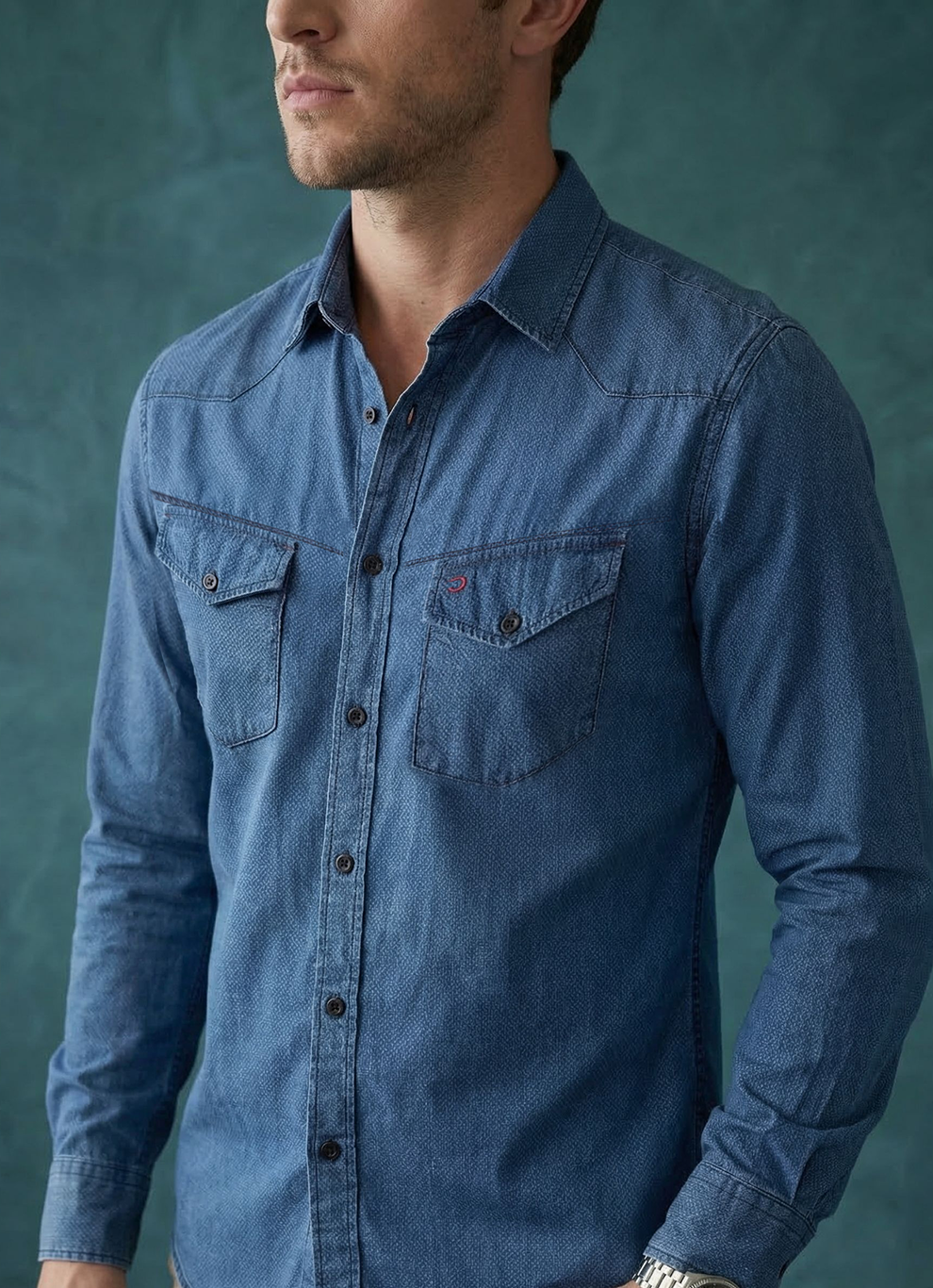 Navy Denim Plain Cotton Slim Fit Full Sleeve Shirt