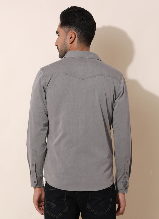 Flint Grey- Slim Fit Denim Shirt With Single Patch Pocket