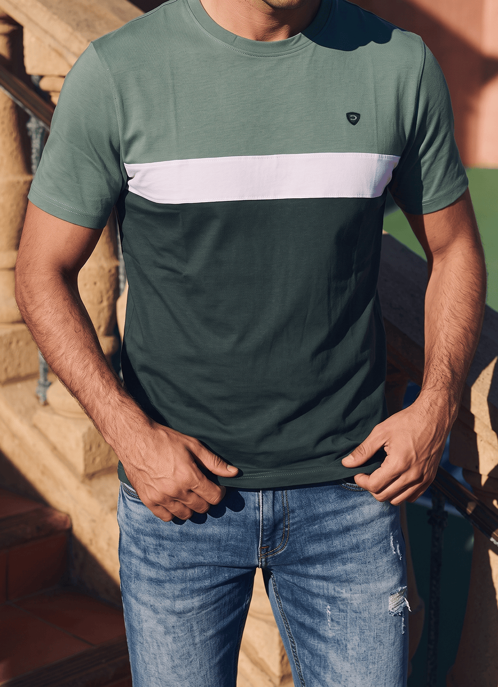 Olive Colour Block Cotton Regular Fit Tshirt