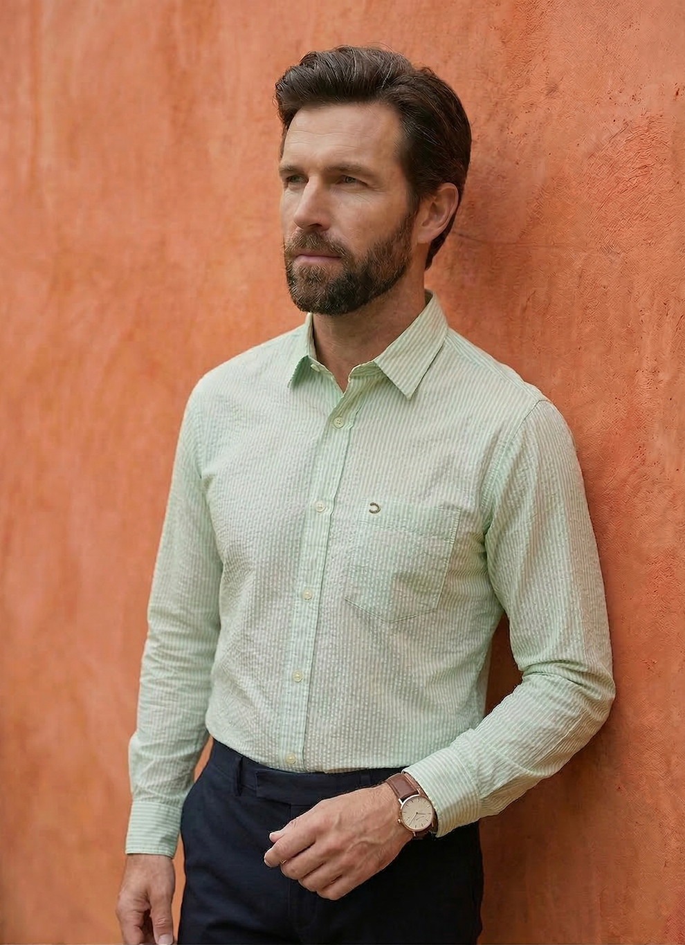 Green Cotton Seersucker Stripes Slim Fit Full Sleeve Shirt