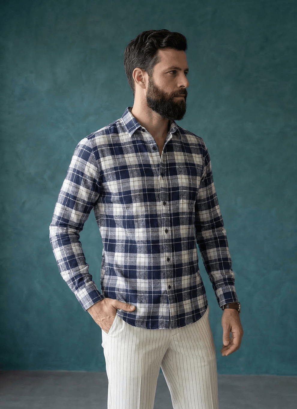 Navy Cotton Checks Slim Fit Full Sleeve Shirt