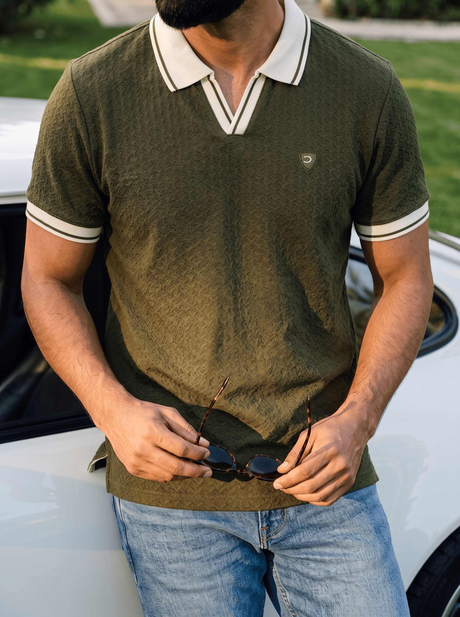 Olive Textured Cotton Regular Fit Polo Tshirt