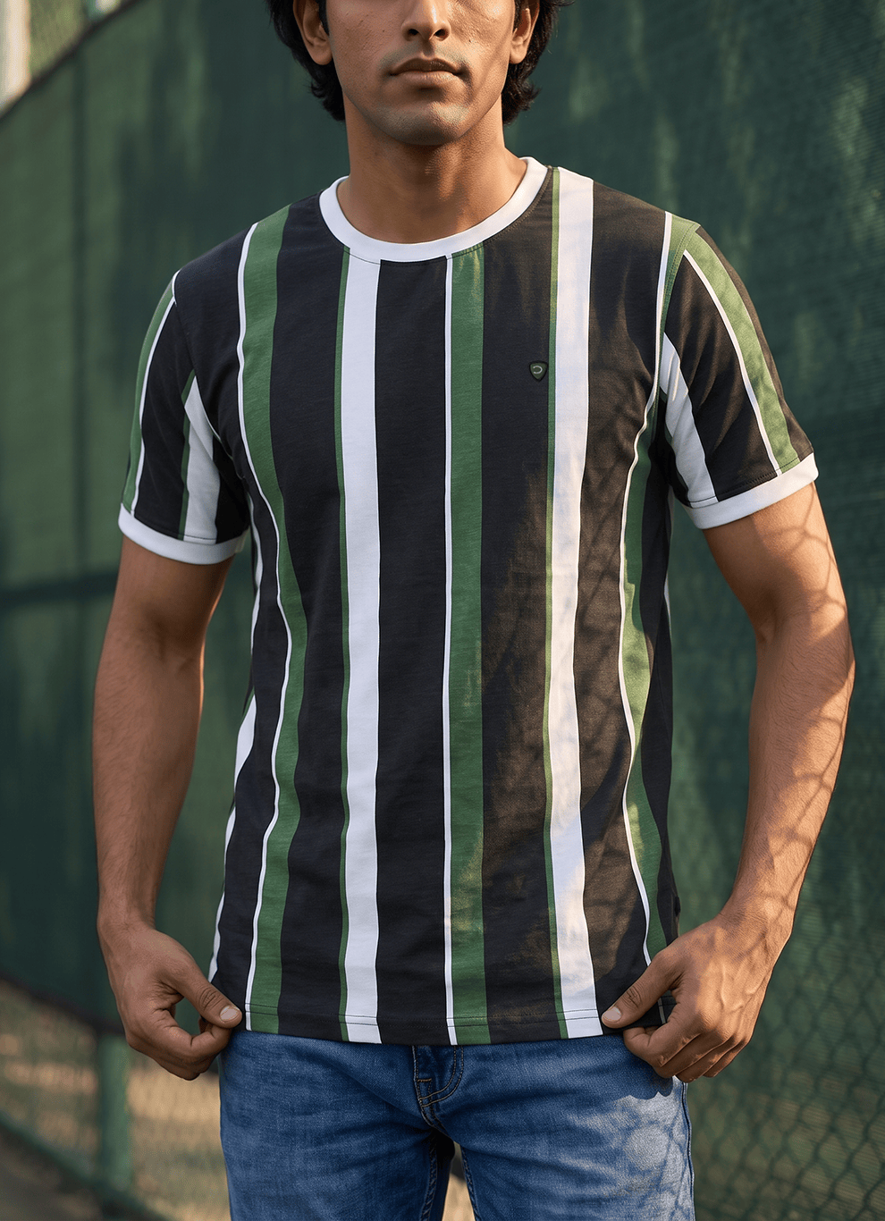 Black and Green Stripe Cotton Regular Fit Tshirt