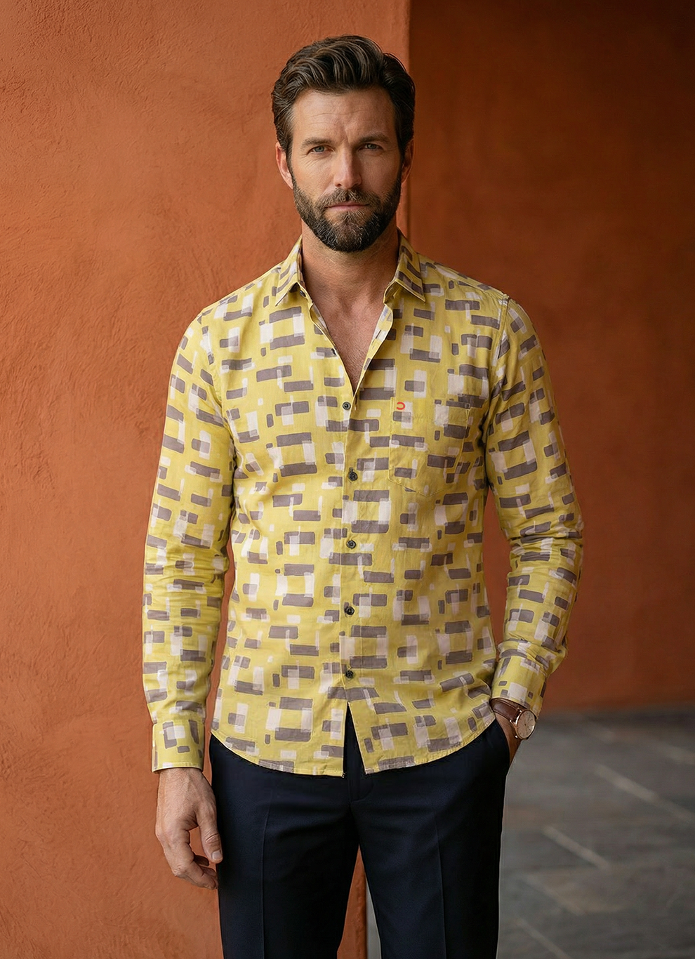 Yellow Cotton Satin Print Slim Fit Full Sleeve Shirt