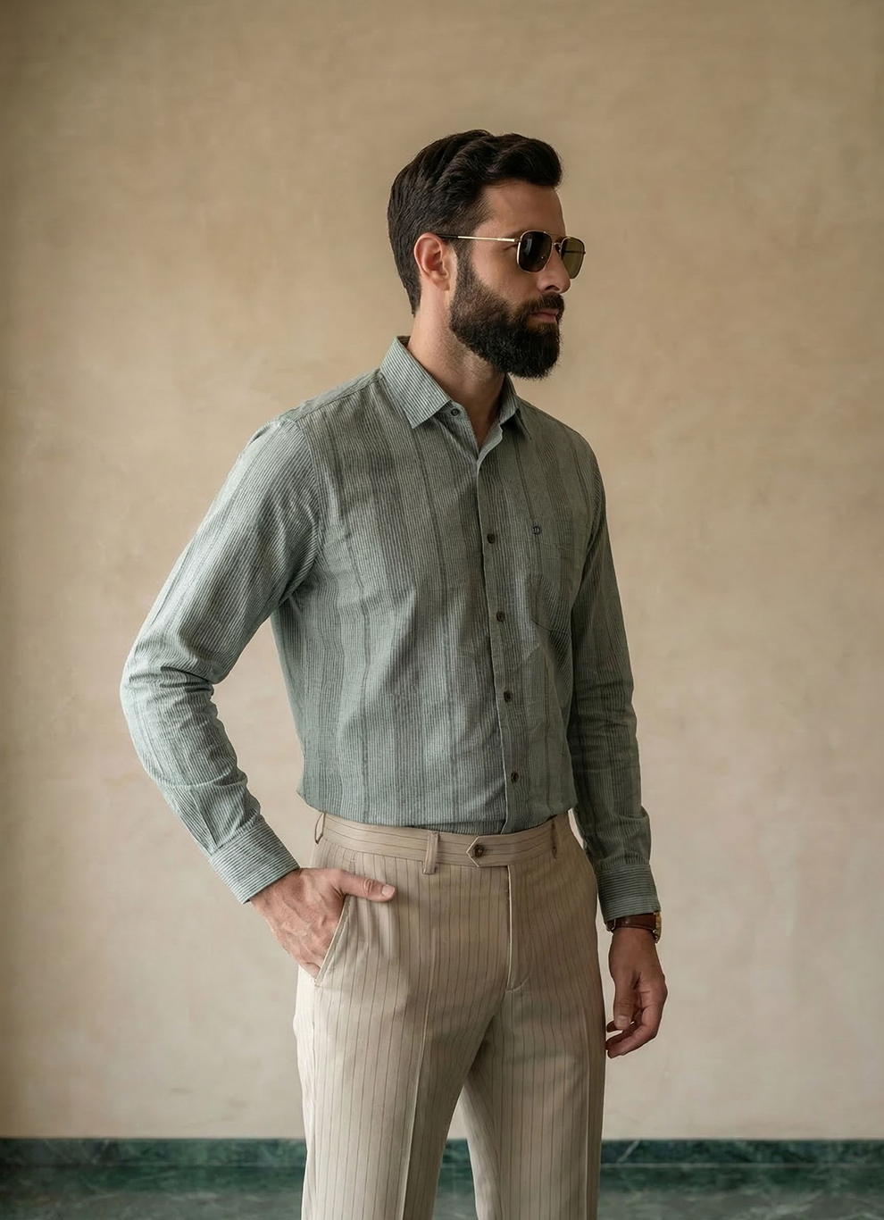 Olive Cotton Seersucker Stripes Slim Fit Full Sleeve Shirt