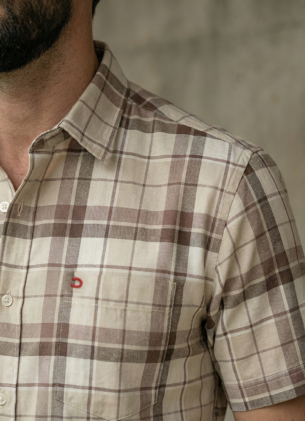 Beige Cotton Checks Slim Fit Half Sleeve Shirt