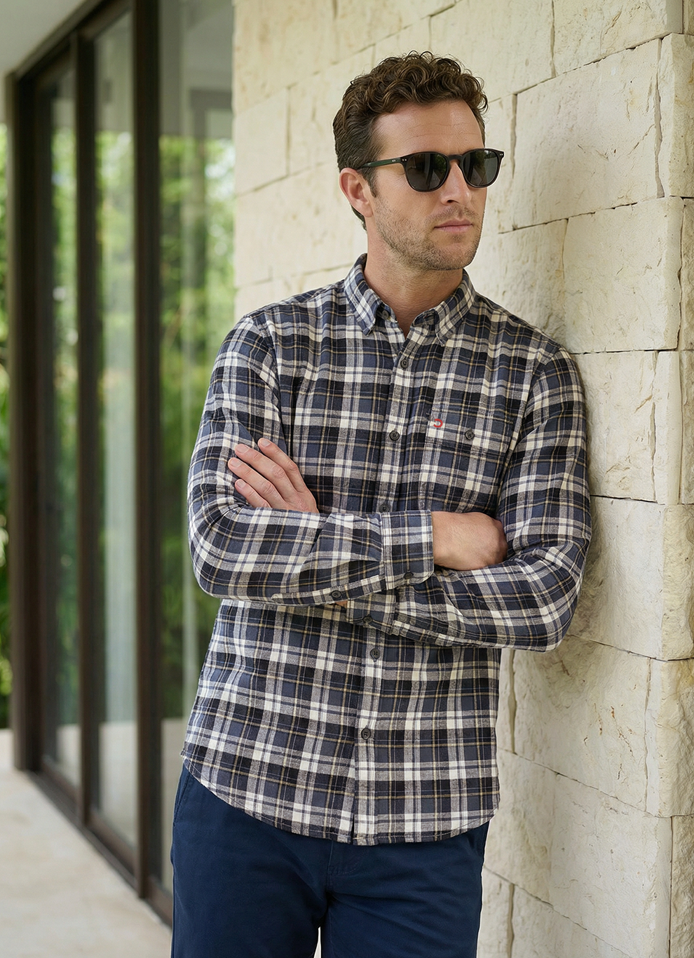 Grey Cotton Dobby Checks Slim Fit Full Sleeve Shirt