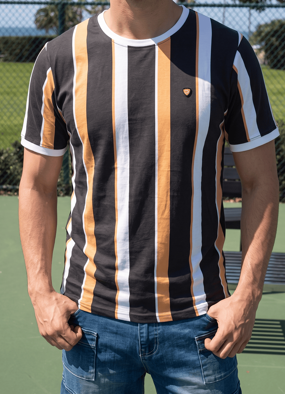 Black and Tan Stripe Cotton Regular Fit Tshirt